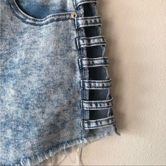 Windsor Acid Wash High Rise Cut Out Distressed Denim Shorts - Picture 4 of 10